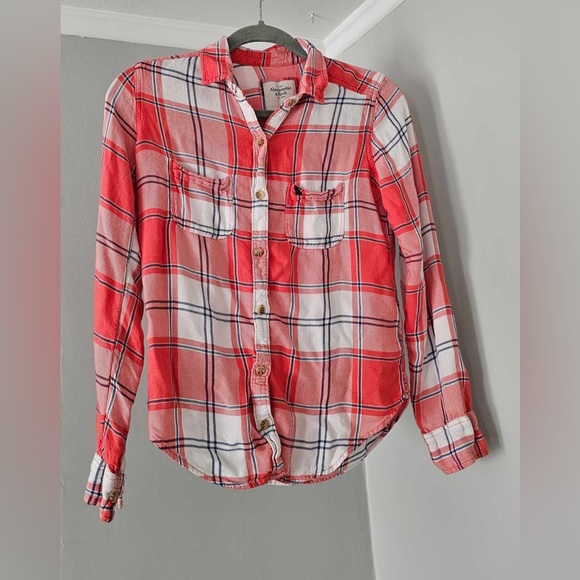 A&F Abercrombie & Fitch Flannel Shirt Button Down Plaid size XS Coral and White - Picture 1 of 6